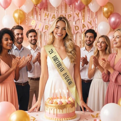 Gold Glitter 21st Birthday Sash - Baddie Party Decoration for Women & Men
