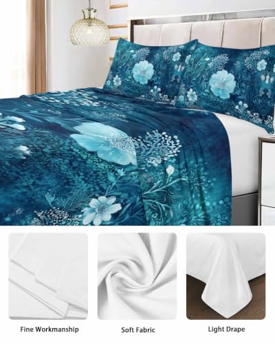 Twin XL Flat Sheet Navy Floral Microfiber Bed Sheets 66x102
