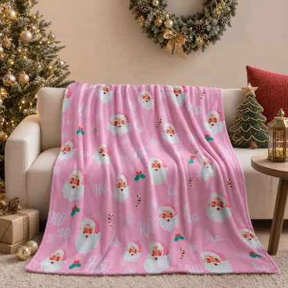 Pink Santa Claus Christmas Throw Blanket 50x60 Inch Cozy Flannel