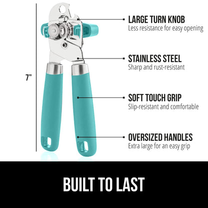 The Original Gorilla Grip Heavy Duty Stainless Steel Smooth Edge Manual Hand Held Can Opener With Soft Touch Handle, Rust Proof Oversized Handheld Easy Turn Knob, Large Lid Openers, Turquoise