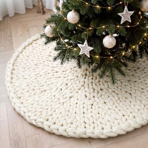 Christmas Tree Skirt Ivory White 48 Inch Chunky Knit Holiday Decor