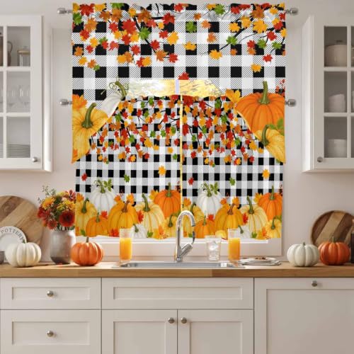 Black Orange Fall Pumpkins Window Curtains Set 3 Pieces - 27.5W x 36L