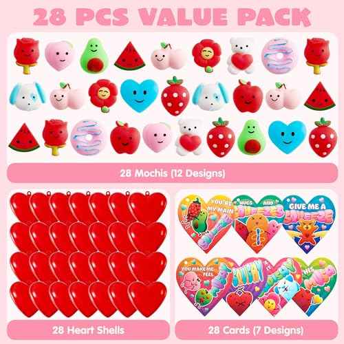 JOYIN 28 Pack Mochi Squishy Toy Filled Hearts and Cards for Kids Valentine Classroom Exchange Party Favors, Kawaii Stress Relief Toys for Valentine Gift Exchange, Game Prizes and Carnivals Gift