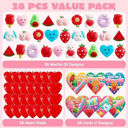 JOYIN 28 Pack Mochi Squishy Toy Filled Hearts and Cards for Kids Valentine Classroom Exchange Party Favors, Kawaii Stress Relief Toys for Valentine Gift Exchange, Game Prizes and Carnivals Gift
