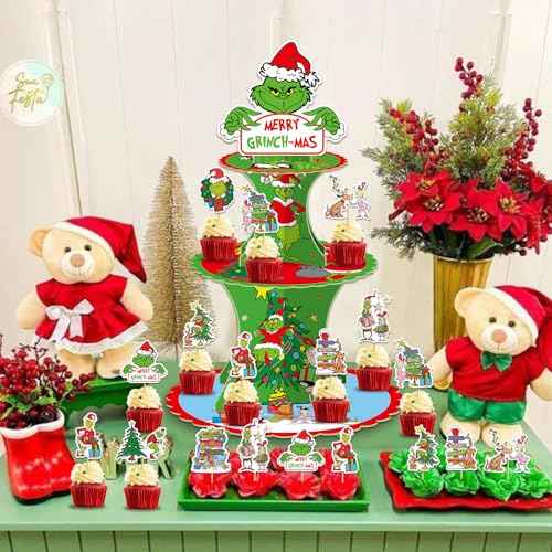 Grinee 3-Tier Cupcake Stand with 12pcs Toppers - Christmas Cupcake Holder & Decorations for Parties