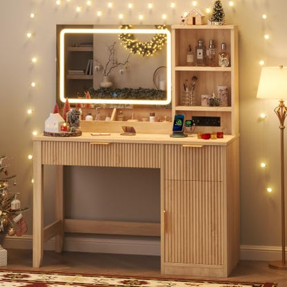Fluted Vanity Desk with Mirror, LED Lights & Charging Station - Natural (Variation: Natural)