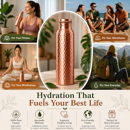 Pure Copper Water Bottle 34oz - Handcrafted Hammered Ayurvedic Drinking Bottle for Daily Hydration