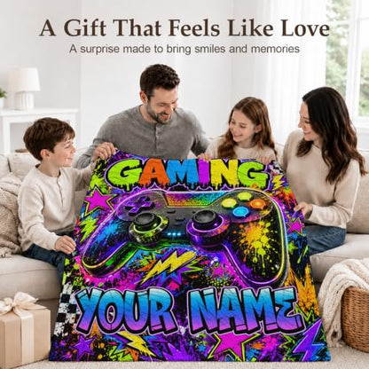 Personalized Gaming Blanket for Boys - Custom Name Gift for Kids Teens - Black