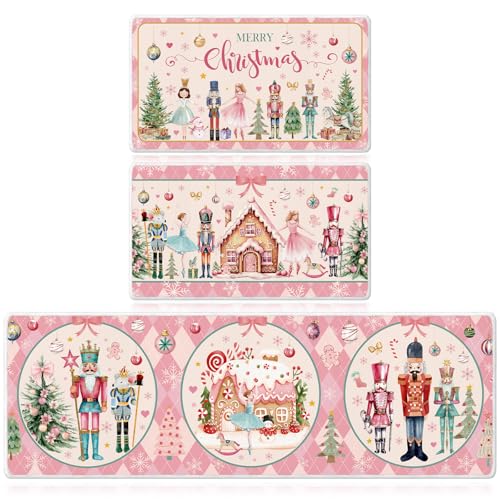 Christmas Nutcracker Kitchen Door Mats Set - Pink, Non-Slip, Washable, 16x28 & 16x47 Inches