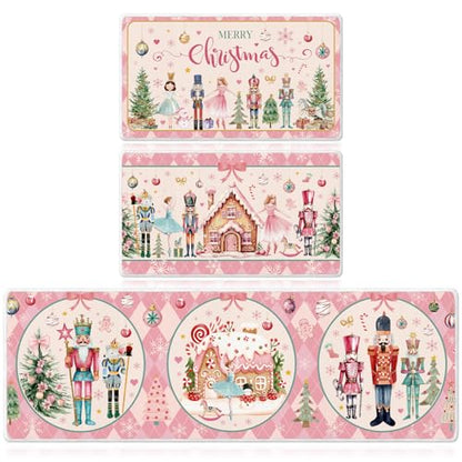 Christmas Nutcracker Kitchen Door Mats Set - Pink, Non-Slip, Washable, 16x28 & 16x47 Inches