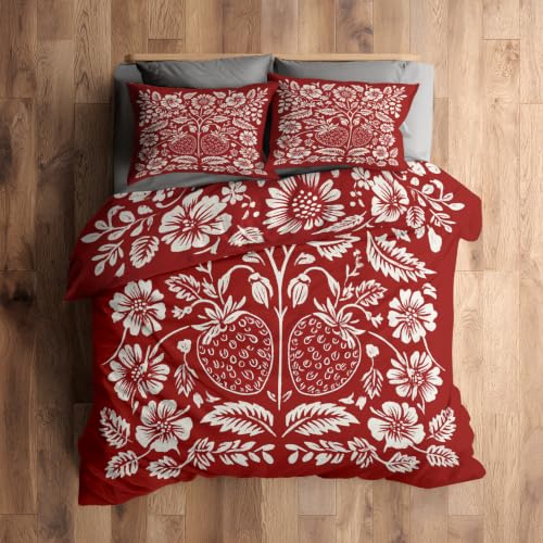 Scandinavian Folk Art Duvet Cover Queen Size 3 Piece Set - Red & White
