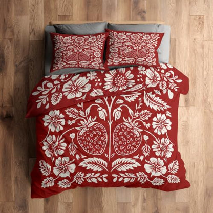Scandinavian Folk Art Duvet Cover Queen Size 3 Piece Set - Red & White