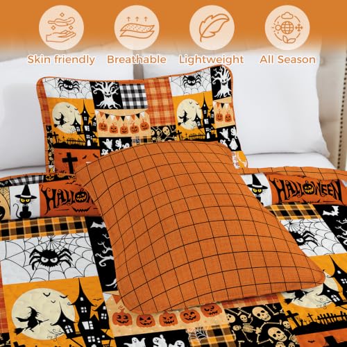 Halloween Quilt Set Queen - Orange Pumpkin Patchwork Bedspread with Witches & Jack-o'-Lanterns