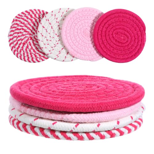 Pink Woven Fabric Coasters Set of 4 | Absorbent Drink Coasters for Desk