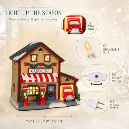 Christmas Village Houses Lighted Gas Station Ceramic Decor - Gasoline Variation