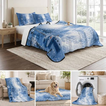 RisQiten Full Size Reversible Quilt Bedding Set with Snowman & Xmas Trees - White Blue, 3 Pieces