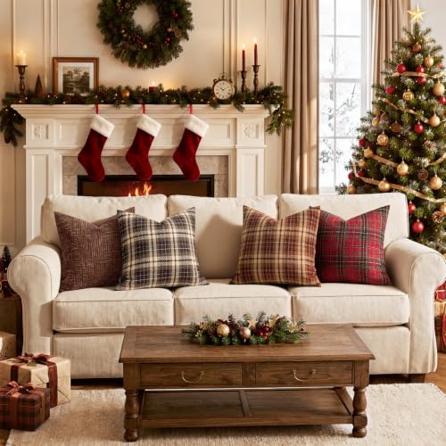 18x18 Inch Tartan Plaid Throw Pillow Covers Set of 2 Coffee Brown Fall