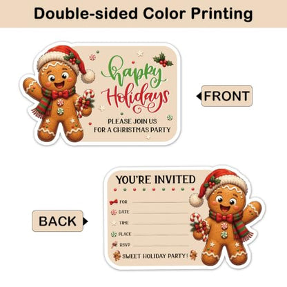 Christmas Party Invitations Set with Gingerbread Man Shaped Cards, Envelopes & Stickers