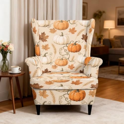 Fall Pumpkin Wingback Chair Slipcover Set - Beige Autumn Decor with Pattern