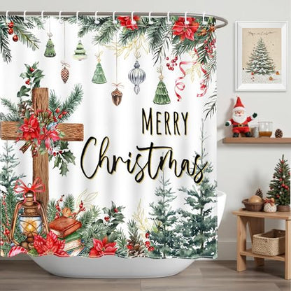 Christmas Shower Curtain with Cross and Pine Branches - 72x72 Inch Waterproof Bathroom Decor