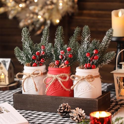 Christmas Mason Jars Set with Wooden Tray - White & Red Decorative Centerpieces