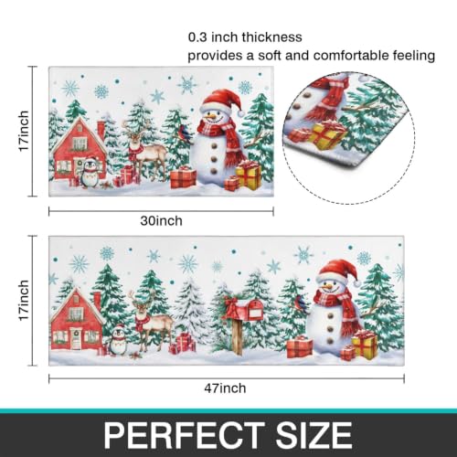 White Green Christmas Kitchen Rugs Set 17x47 & 17x30 Inches Snowman Tree Decor