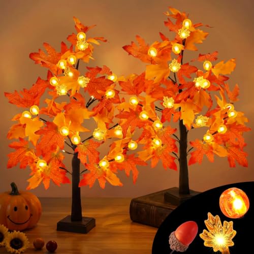 18-Inch Lighted Fall Tree with 48 LEDs, Pumpkins & Maple Leaves - Battery & USB Operated