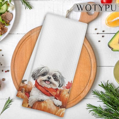 Shih Tzu Kitchen Towels - Fall Autumn Maple Leaf Dog Dish Hand Towels - 16x24 Inch - Variation Shih Tzu-10