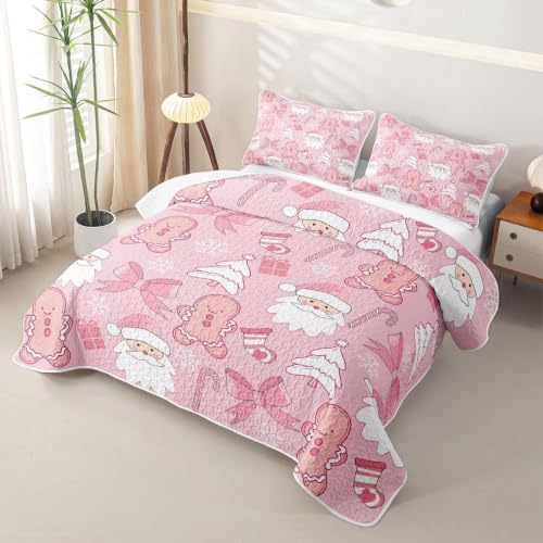 Pink Christmas Quilt Set with Santa & Gingerbread Man - Full Size, White Beige Pink Variation