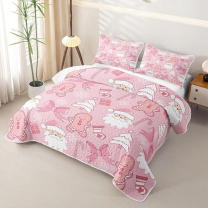 Pink Christmas Quilt Set with Santa & Gingerbread Man - Full Size, White Beige Pink Variation