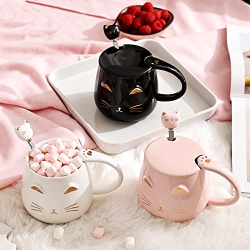 Cat Mug Set of 3 with Lids, Spoons & Coasters - Black, White, Pink