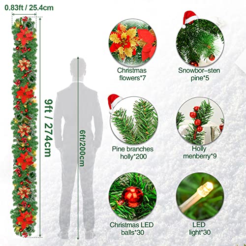 Pre-Lit Christmas Garland with LED Lights 9 Ft Indoor Outdoor Holiday Decor