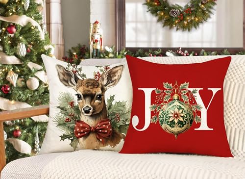 Christmas Pillow Covers Set of 4 20x20 Inches - Red White Farmhouse Holiday Decor Snowman Deer Joy Winter Throw Cushion Cases