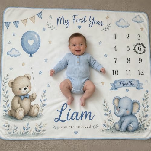 Personalized Baby Milestone Blanket with Name - Blue, 30x40 or 40x50 Inches