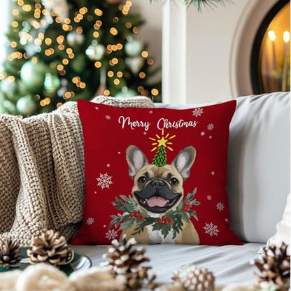 Frenchie Dog Christmas Throw Pillow Cover 18x18 - Red Xmas Snowflake Decor - Color 12