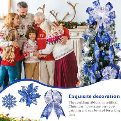 Christmas Tree Decorations Set - Blue & Glitter Holiday Ornaments with Bow Toppers