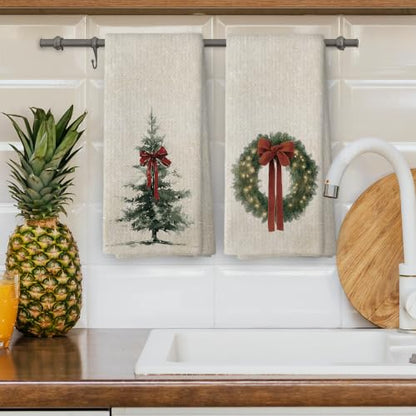 Christmas 41 Vintage Wreath Kitchen Dish Towels Set of 2 - 16x24 Inches