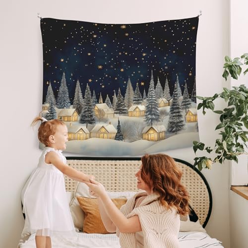 Vintage Christmas Winter Village Tapestry Wall Hanging - Rustic Snow Scene, 50x60 Inches - Winter Country Variation