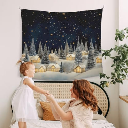 Vintage Christmas Winter Village Tapestry Wall Hanging - Rustic Snow Scene, 50x60 Inches - Winter Country Variation