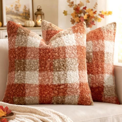 Fall Plaid Pillow Covers Set of 2 18x18 Inches Boucle Orange Rustic Farmhouse
