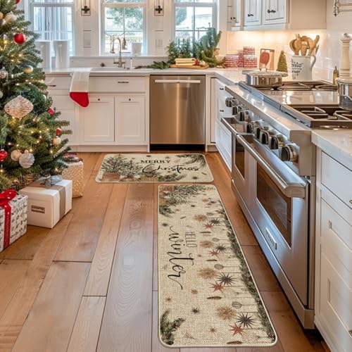 Christmas Holly Ornament Kitchen Mats Set of 2 Beige 17x29 & 17x59 Inches