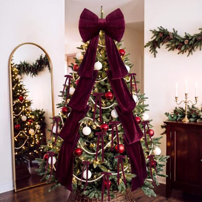 Burgundy Velvet Bow Christmas Tree Topper Set with 12 Small Bows - 8.2ft Large