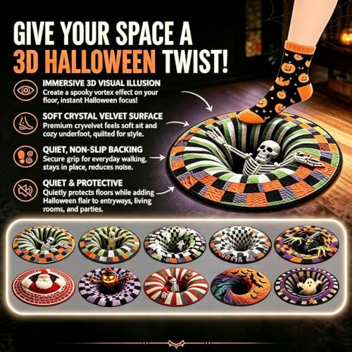 Halloween 3D Vortex Rug Ghost Skeleton Candy Corn Optical Illusion Non Slip Home Decor