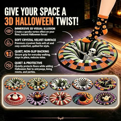 Halloween 3D Vortex Rug Ghost Skeleton Candy Corn Optical Illusion Non Slip Home Decor