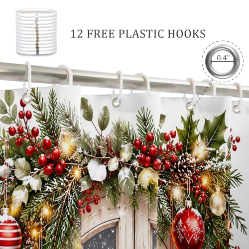 Farmhouse Christmas Wreath Shower Curtain - Rustic Wooden Door Pine Berry Ornament Lantern with Hooks - White Variation