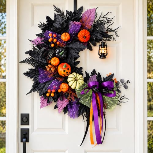 Halloween Wreath for Front Door Crescent Moon Pumpkins Lantern Spooky Decor