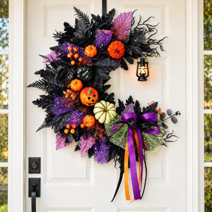 Halloween Wreath for Front Door Crescent Moon Pumpkins Lantern Spooky Decor