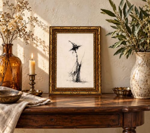 Vintage Witch Canvas Wall Art - Gold Frame Gothic Sketch Print, 11x9 Inches, Line Witch Variation