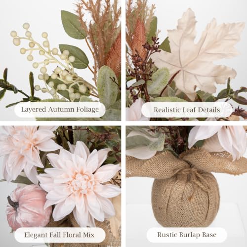 Artificial Fall Thanksgiving Centerpiece with White Dahlia & Pumpkin - Rustic Farmhouse Decor