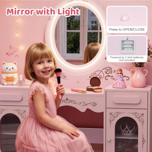 Kids Vanity Set with Large Lighted Mirror and Storage Cabinet - Princess Toddler Dressing Table & Stool